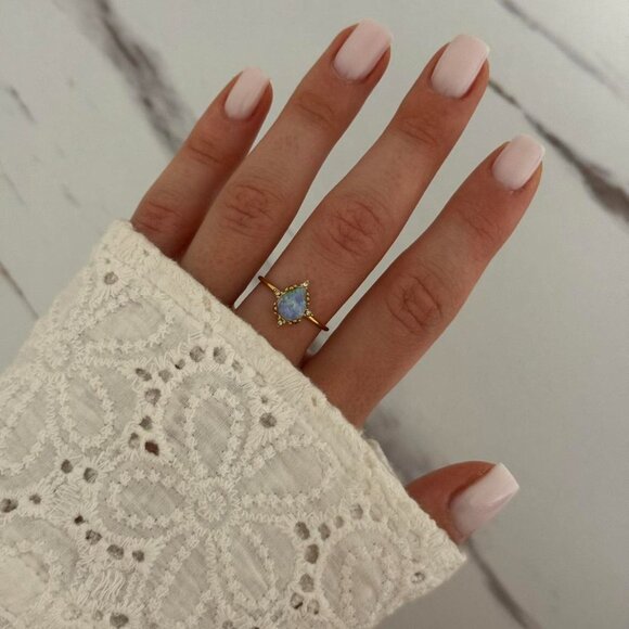 SKU:0072 vintage vibe gold ring with chameleon blue stone Stainless steel - Picture 3 of 5